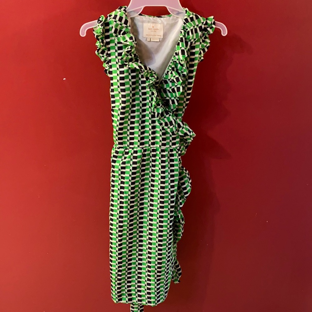 kate spade Green Black White Checker Ruffle Wrap Dress